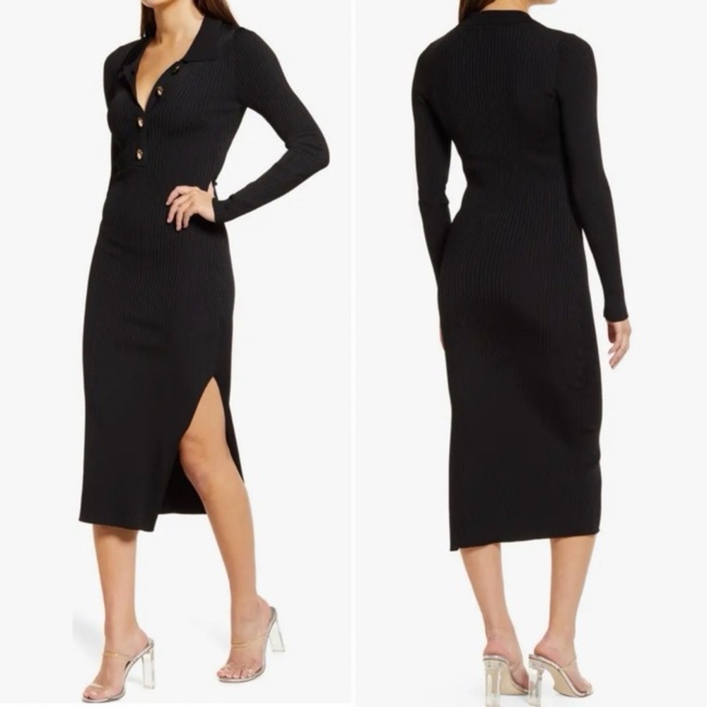 Good American Black Long Sleeve Dress with Gold Buttons